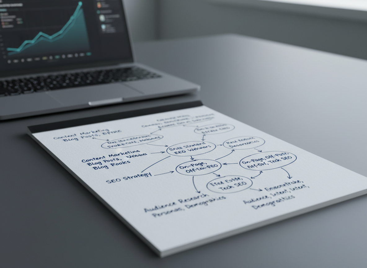A close-up of a clean, white notepad filled with neatly handwritten keyword clusters, topic ideas, and arrows connecting related concepts, all written in dark ink with precise handwriting. The notepad lies on a matte charcoal-grey desk surface, beside an open laptop showing an analytics dashboard with upward-trending organic traffic graphs in soft blues and greens. Gentle, cool-toned daylight from the right highlights the paper’s texture and creates subtle gradients on the desk. Shot from a slightly elevated angle with a moderate depth of field, the foreground text is in crisp focus while the analytics screen is softly blurred. The atmosphere is analytical yet creative, emphasizing strategic SEO thinking and professional content planning in a realistic, modern photographic style.