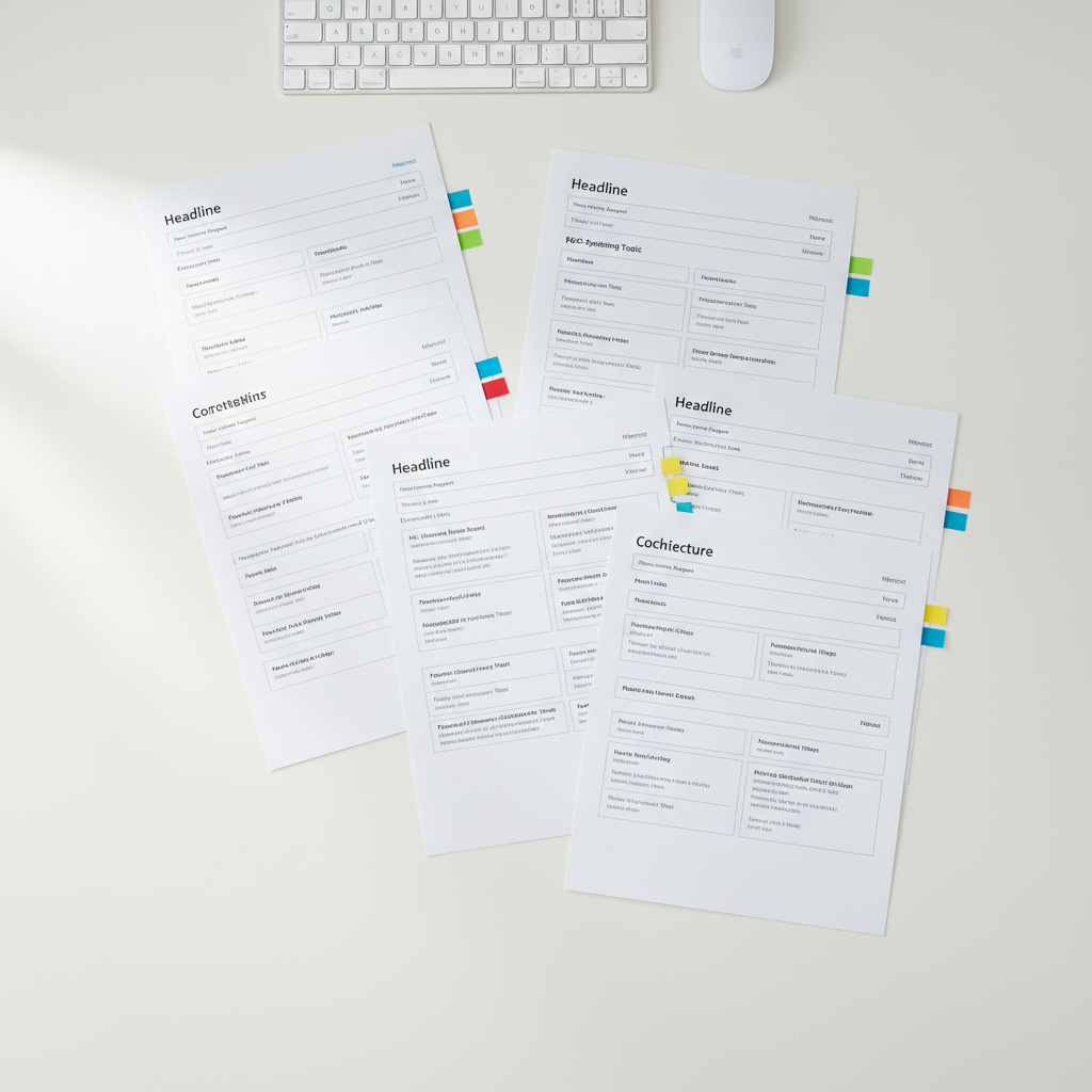 An elegant, flat-lay composition of printed website wireframes carefully arranged on a smooth white desk, each page showing headlines, meta descriptions, and structured SEO-friendly content blocks in neat black typography. A slim silver keyboard and wireless mouse sit at the top edge, while colored sticky tabs mark key content sections. Soft diffused daylight from the left creates clean, minimal shadows and emphasizes the crisp paper edges. The background remains uncluttered and bright, enhancing a sense of order and precision. Captured from a true bird’s-eye view with sharp focus throughout, the image feels methodical, strategic, and highly professional, conveying the planning process behind effective SEO copywriting and content architecture.