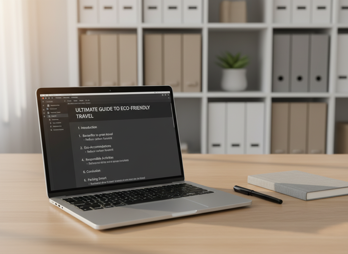 A sleek silver laptop with a clean, minimalist text editor open, showing a well-structured SEO article outline with clear headings and bullet points. The laptop rests on a light oak desk beside a closed, unbranded notebook and a fine-tip black pen. In the background, a blurred bookshelf holds neutral-toned folders and a small green plant. Soft morning daylight enters from an unseen window, casting gentle, natural shadows and subtle reflections on the laptop’s metallic surface. Photographed at eye level with a shallow depth of field, the focus is on clarity and organization. The mood is professional, calm, and focused, with a modern, photographic realism style that conveys strategic, thoughtful copywriting work in progress.