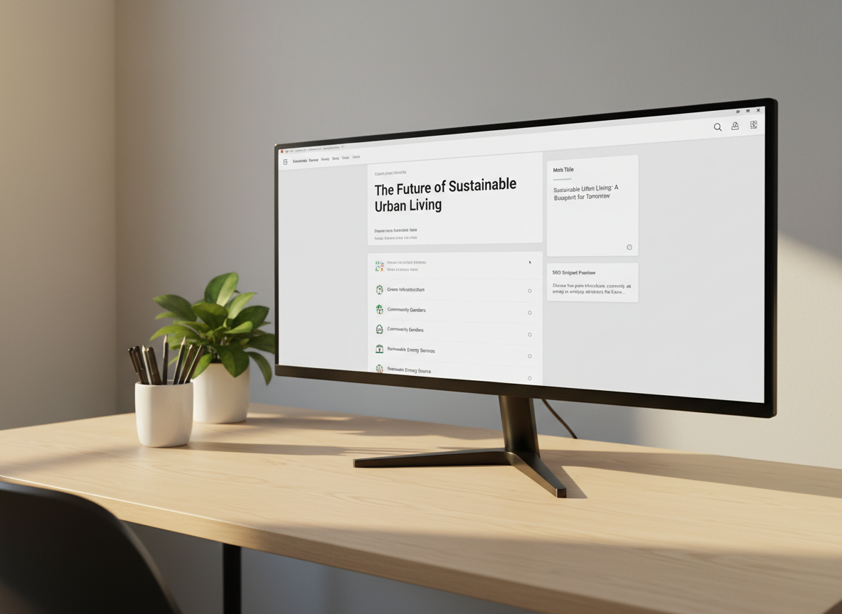 A minimalist workspace featuring a large, ultra-wide monitor displaying a clean, content management system interface with a blog article draft, headings, meta title, and SEO snippet preview clearly visible. The monitor stands on a light birch desk, accompanied by a small, unbranded white ceramic cup filled with pens and a discreet potted plant with vibrant green leaves. Warm, late-afternoon light enters from the side, creating soft, elongated shadows and a gentle glow across the desk surface. Photographed from a three-quarter angle at sitting height, with sharp focus on the screen content and a slightly blurred background wall in soft grey. The mood is calm, organized, and confidently professional, with a contemporary photographic realism that highlights the process of publishing polished, optimized content.