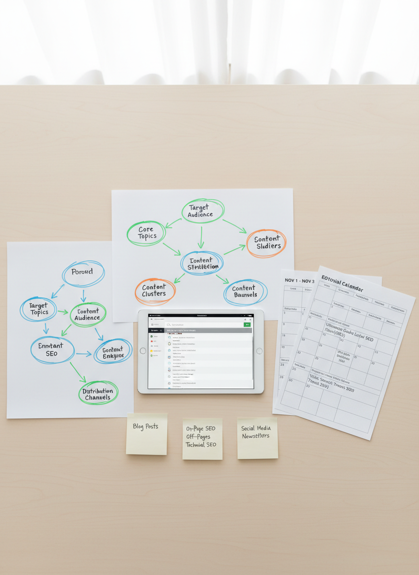 An overhead shot of neatly organized SEO content strategy materials spread across a smooth, pale wood table: color-coded mind maps on white paper, a tablet showing a keyword research tool, and printed editorial calendar sheets with dates and article titles clearly visible. Neutral-toned sticky notes with concise phrases form clusters around key topics. Soft, even natural light from above eliminates harsh shadows, creating a clean, airy feel. Every element is arranged with intentional spacing to avoid clutter. Captured with sharp focus across the entire frame for clarity of details, the composition suggests structure, foresight, and meticulous planning. The overall atmosphere is professional and methodical, rendered in realistic, modern photographic style to communicate serious, strategic SEO copywriting work.
